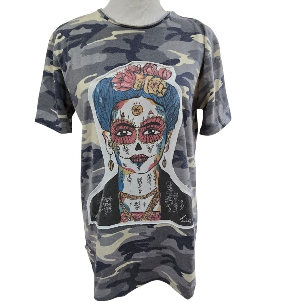Handmade T-Shirt Camo Short Sleeve XL Retro Y2K Frieda Sugar Skull Art To Wear